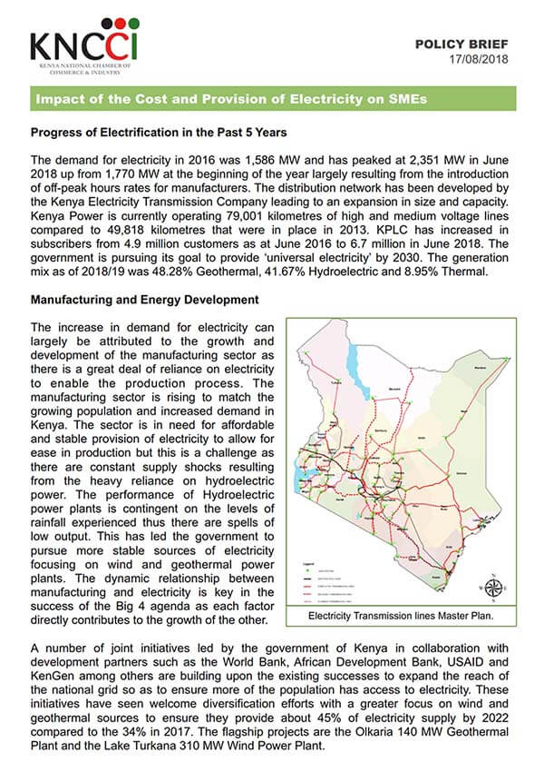 KNCCI Policy Brief – Impact of the Cost and Provision of Electricity on SMEs