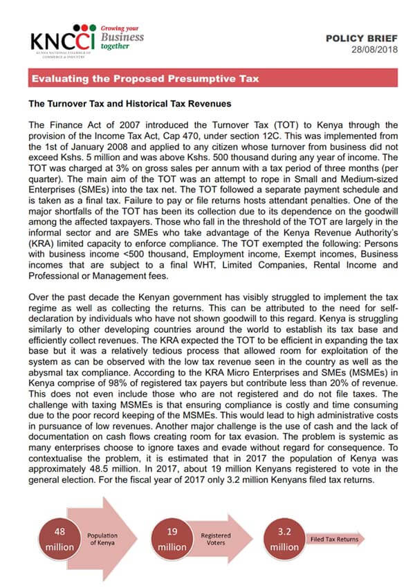 KNCCI Policy Brief – Evaluating the Proposed Presumptive Tax